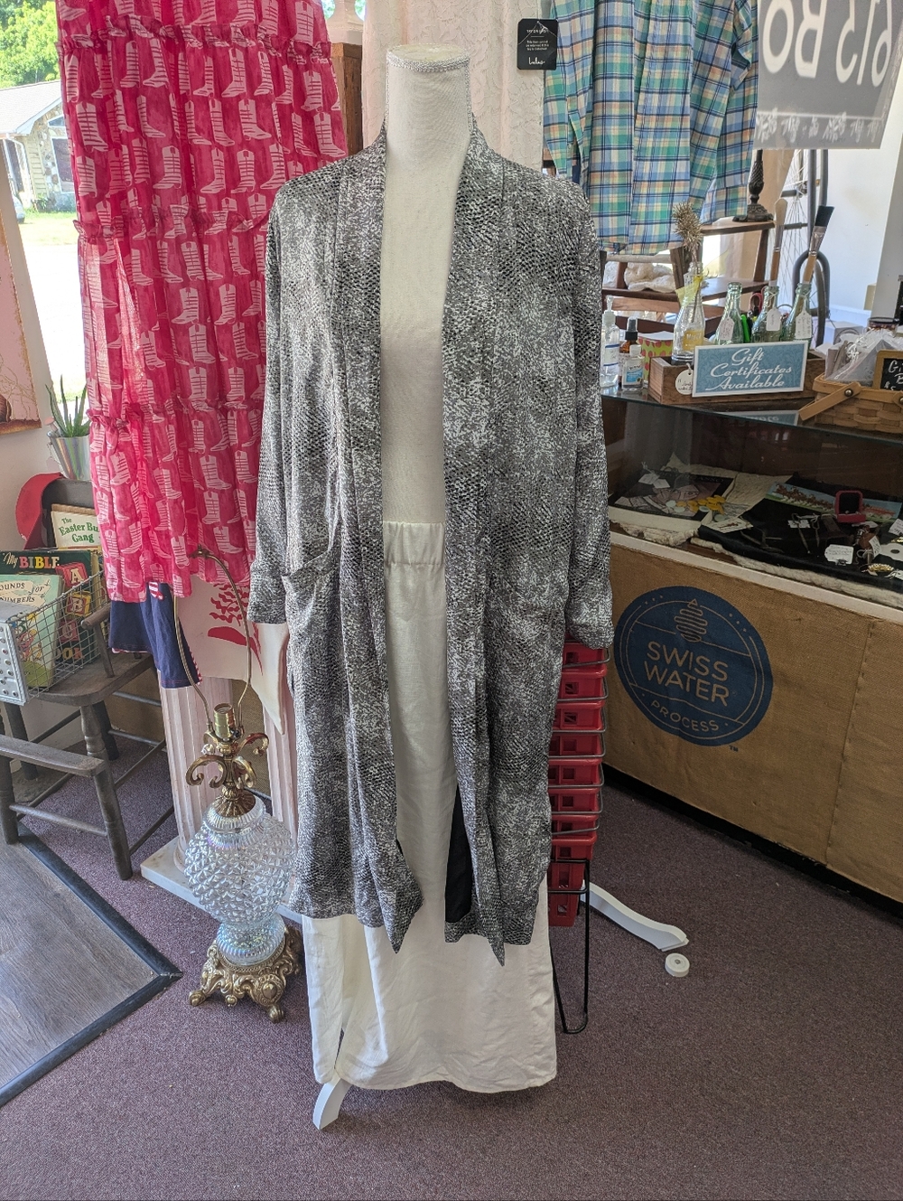 BB Dakota Lightweight Gray Snake-Print Duster Cardigan Kimono